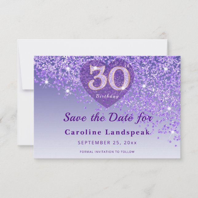 Vibrant 30th Birthday Purple Glitter Frosted Heart Save The Date (Vorderseite)