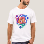 Vibrant Abstract Swirls and Spheres T-Shirt<br><div class="desc">This image features a dynamic, abstract composition dominated by a central, multi-colored, flowing swirl or loop, reminiscent of a pretzel or a stylized letter 'a'. This central element is surrounded by three vibrant, translucent spheres (two blue, one red) and framed by colorful, stylized swashes in shades of red, blue, and...</div>