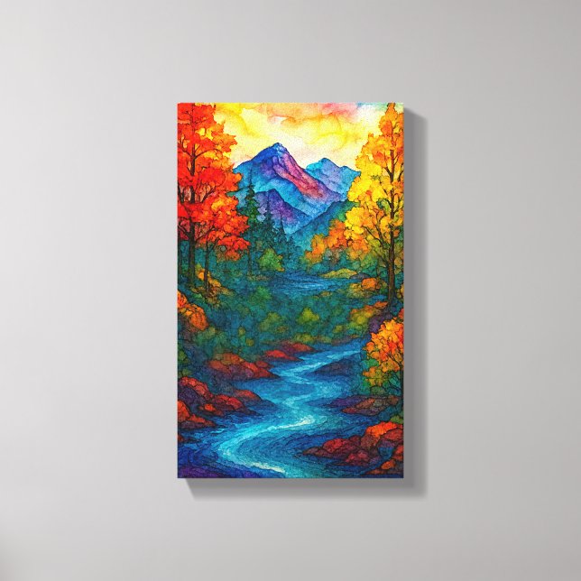 Vibrant Alcohol Ink Mountain river and trees  Leinwanddruck (Vorderseite)