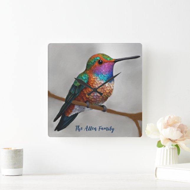 Vibrant Allen’s Hummingbird Painting Quadratische Wanduhr (Zuhause)
