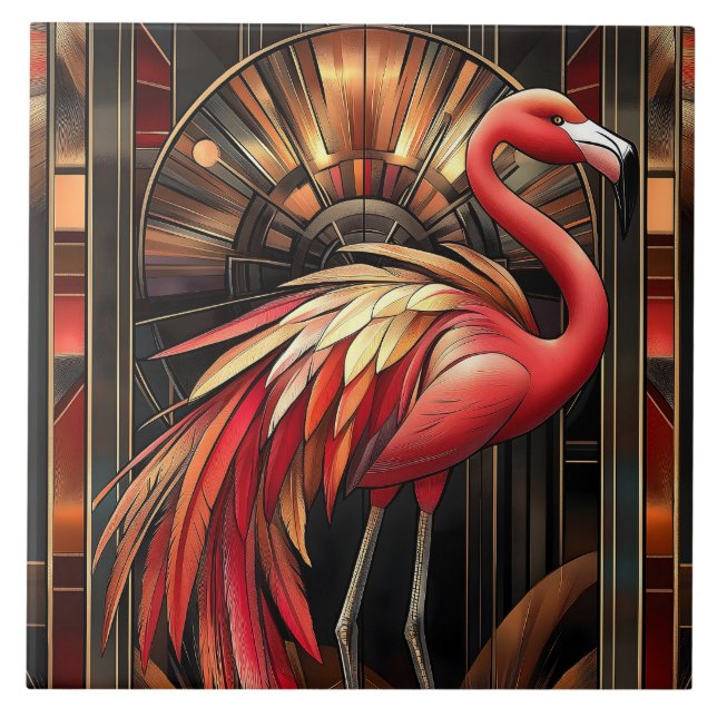 Vibrant Art Deco Flamingo Illustration Fliese (Vorderseite)