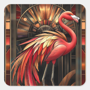 Vibrant Art Deco Flamingo Illustration Quadratischer Aufkleber