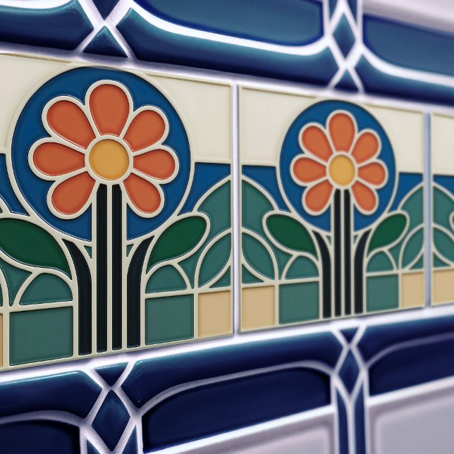 Vibrant Art Nouveau Daisy Floral Tile Fliese (Von Creator hochgeladen)