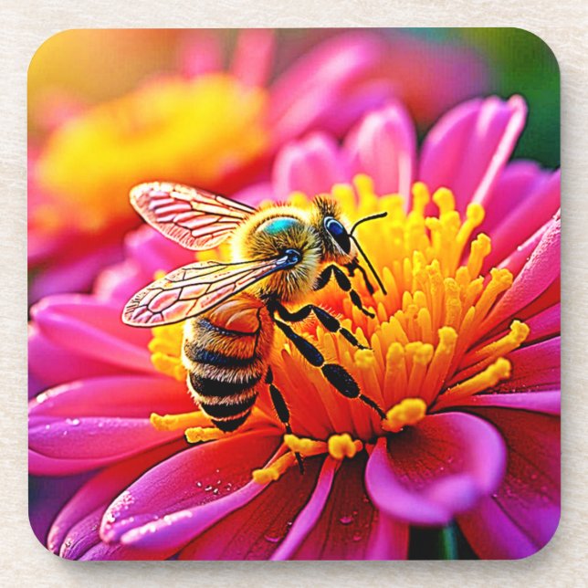 Vibrant Bee on Bloom Design Getränkeuntersetzer (Vorderseite)