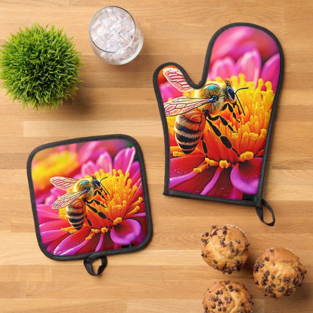 Vibrant Bee on Bloom Design Ofenhandschuh & Topflappen-Set (Oben Unten)
