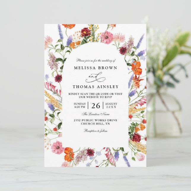 Vibrant Bold Watercolor Wildflower QR Code Wedding Einladung (Stehend Vorderseite)