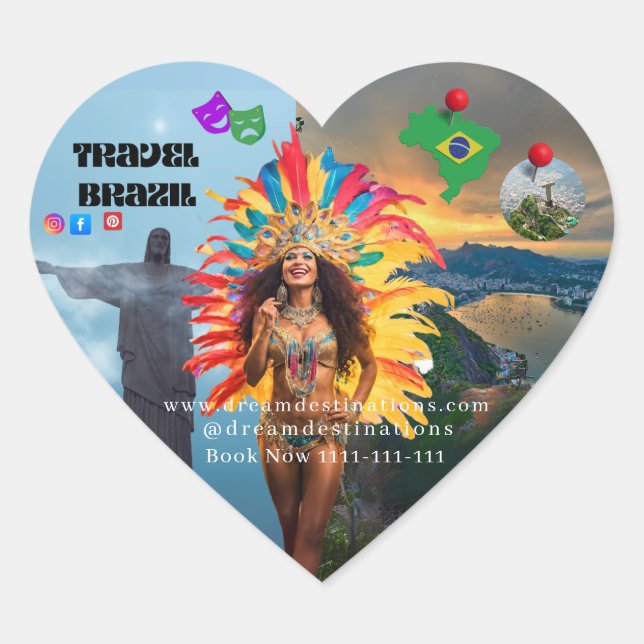 Vibrant Brazilian Carnival Design Travel Agency Herz-Aufkleber (Vorderseite)