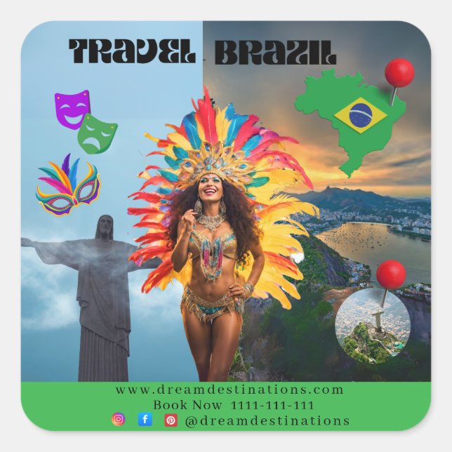 Vibrant Brazilian Carnival Design Travel Agency Quadratischer Aufkleber (Vorderseite)