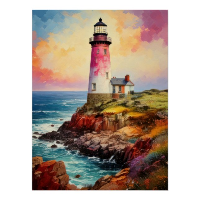 Vibrant Breton Coast Lighthouse - Impressionistic  Poster (Vorderseite)
