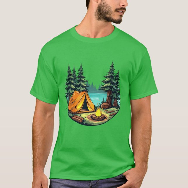 Vibrant Cartoon Camping Scene Withent FireTrees vi T-Shirt (Vorderseite)