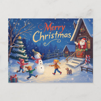 Vibrant Christmas Postcard – Snowman & Santa Postkarte