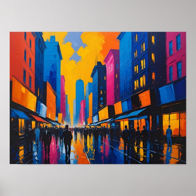 Vibrant City Street Night Painting Poster (Vorne)