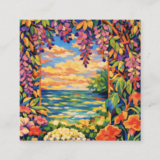 Vibrant Coastal Garden Window – Fauvist Botanical  Quadratische Visitenkarte (Vorderseite)