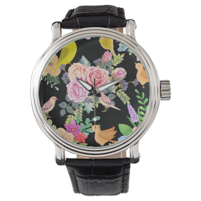 Vibrant Colorful Birds and Flowers Art on Black Armbanduhr (Vorderseite)