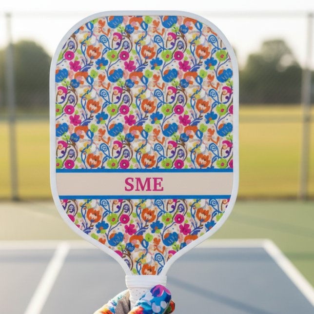 Vibrant Colorful Floral Monogram Pickleball Schläger (Bright floral monogram pickleball paddle)