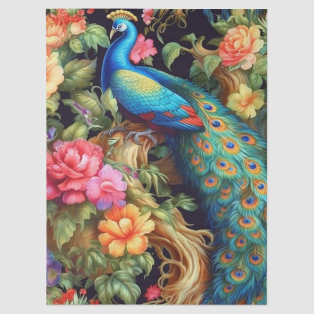 Vibrant Colorful Floral Peacock Decoupage Seidenpapier (Vorderseite)