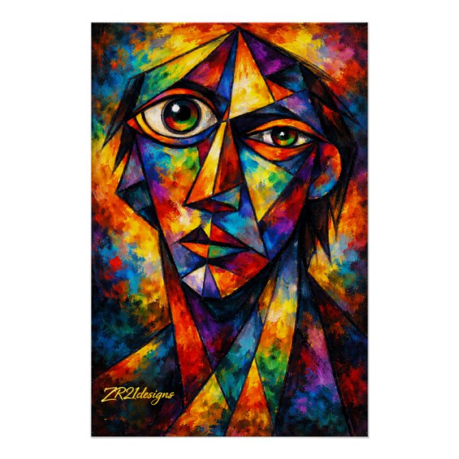 Vibrant Cubist Face Abstract Modern Art Poster (Vorderseite)