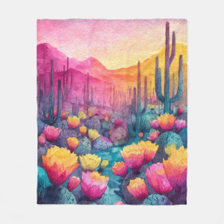 Vibrant Desert Sunset Cactus Bloom Blanket Fleecedecke