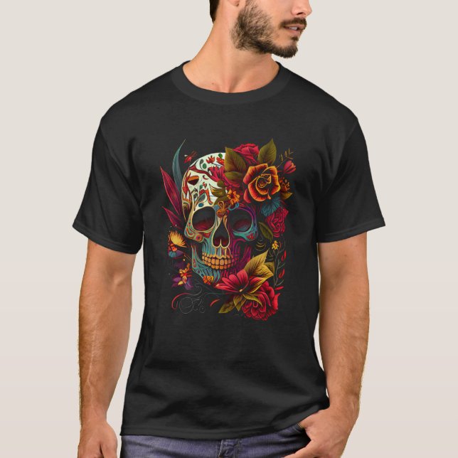 Vibrant Dia de los Muertos Skull T-Shirt (Vorderseite)