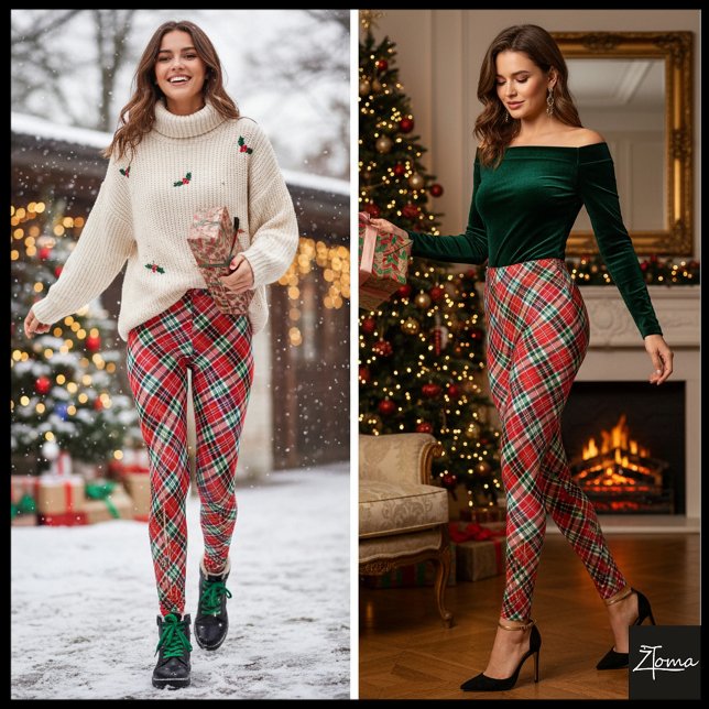 Vibrant Diagonal Christmas Plaid Red Green Leggings (Von Creator hochgeladen)