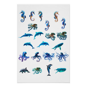 Vibrant Digital Collage of Sea Creations in a Colo Poster