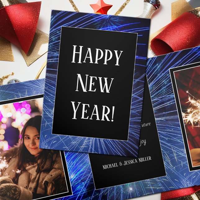 Vibrant dunkelblaue Feuerwerke Neujahr 2026 3 Foto Dreifach Gefaltete Urlaubskarte (Happy new year tri fold photo template greeting card with blue fireworks)