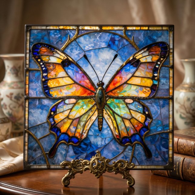 Vibrant Faux Stained Glass Butterfly Mosaic Art Fliese (Von Creator hochgeladen)