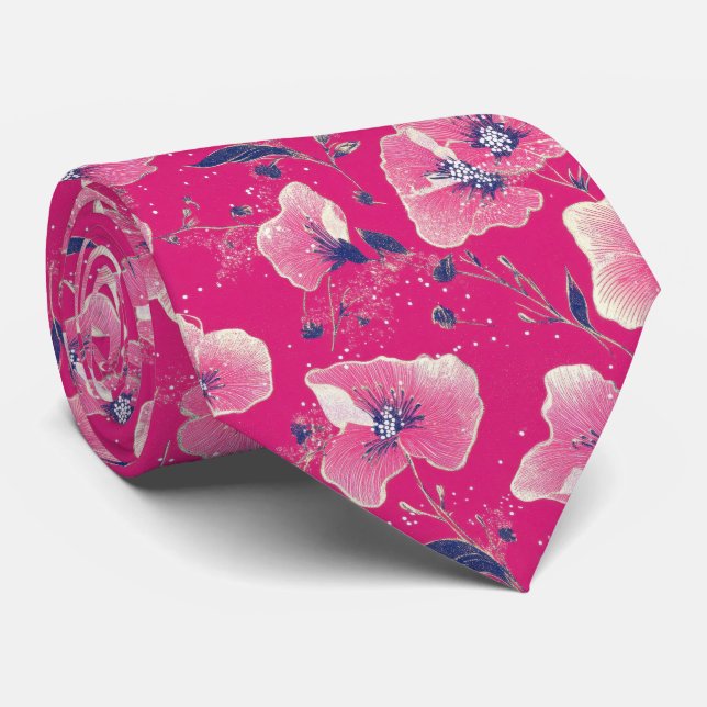 Vibrant Floral Pattern in Pink, White & Royal Blue Krawatte (Gerollt)