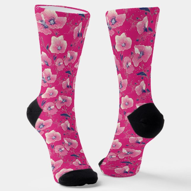 Vibrant Floral Pattern in Pink, White & Royal Blue Socken (Gewinkelt)