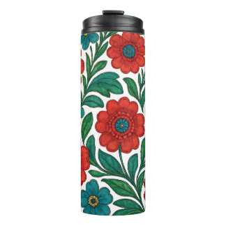 Vibrant Floral Pattern with Red and Teal Blooms Thermosbecher