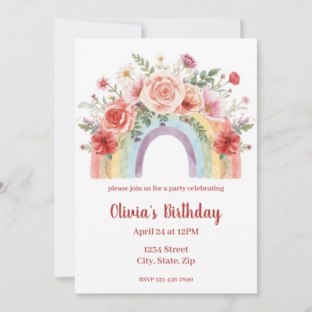 Vibrant Floral Rainbow Watercolor Birthday Party (Vorderseite)