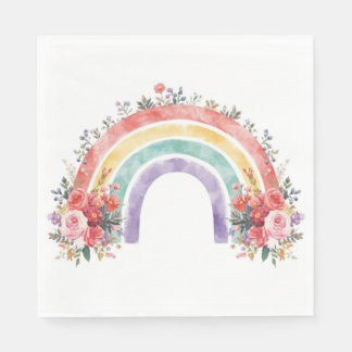 Vibrant Floral Rainbow Watercolor Birthday Party Serviette