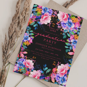 Vibrant Garden Floral Graduation Party Schwarz Einladung