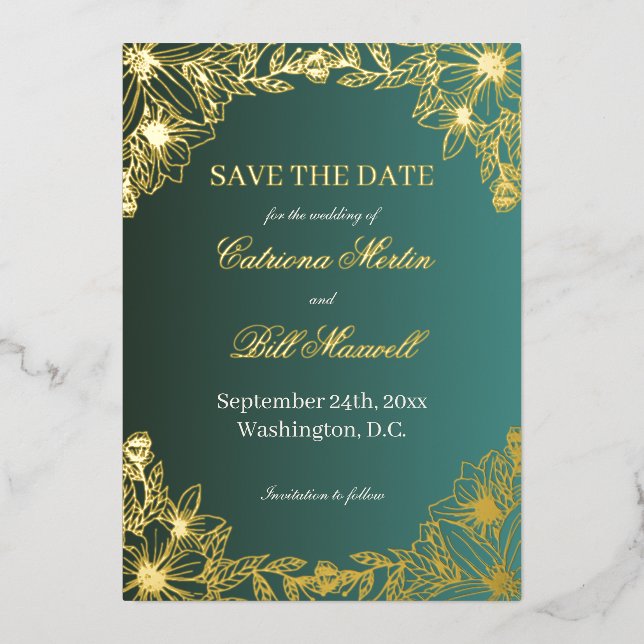Vibrant Gold Floral Wedding Save The Date Card Folieneinladung (Vorderseite)