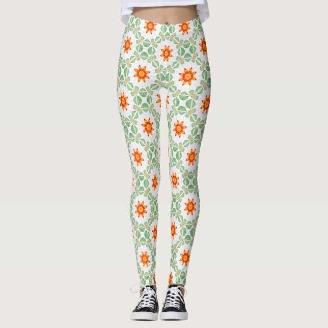 Vibrant Green & Orange Floral Leaf Pattern Legging Leggings (Vorderseite)