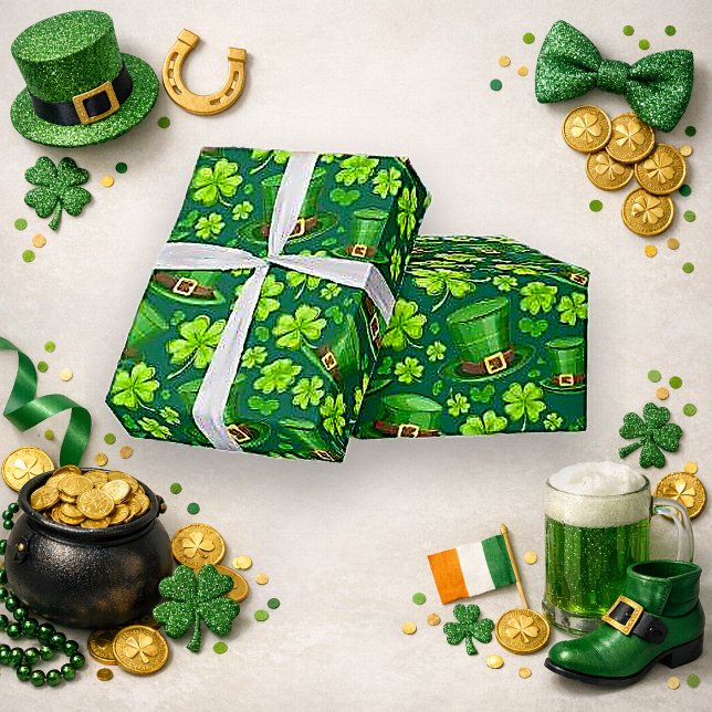 Vibrant Green Shamrock Leprechaun Pattern Art Geschenkpapier (Von Creator hochgeladen)