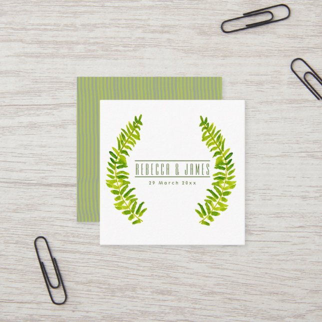 VIBRANT GREEN WATERCOLOR FERN FOLIAGE Wedding Quadratische Visitenkarte (Vorderseite/Rückseite Beispiel)
