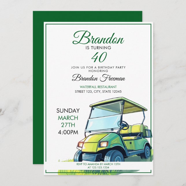 Vibrant Green & White Golf Cart 40. Geburtstag Einladung (Vorne/Hinten)