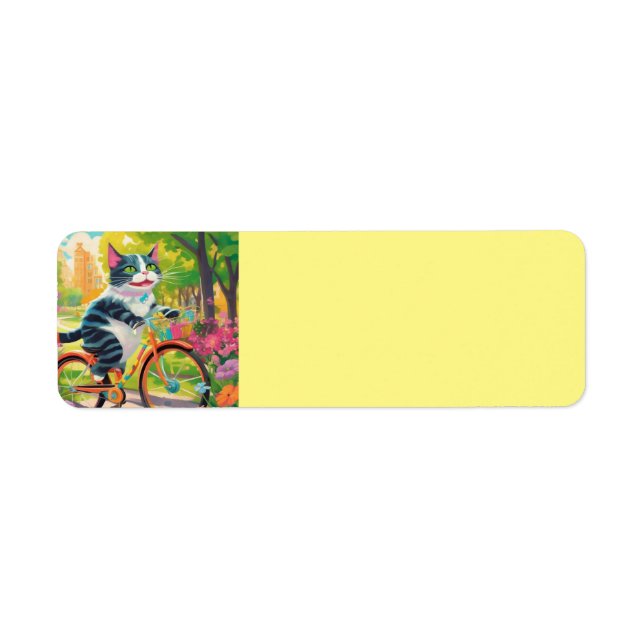 Vibrant Happy Cat on Bicycle Return Label (Vorne)