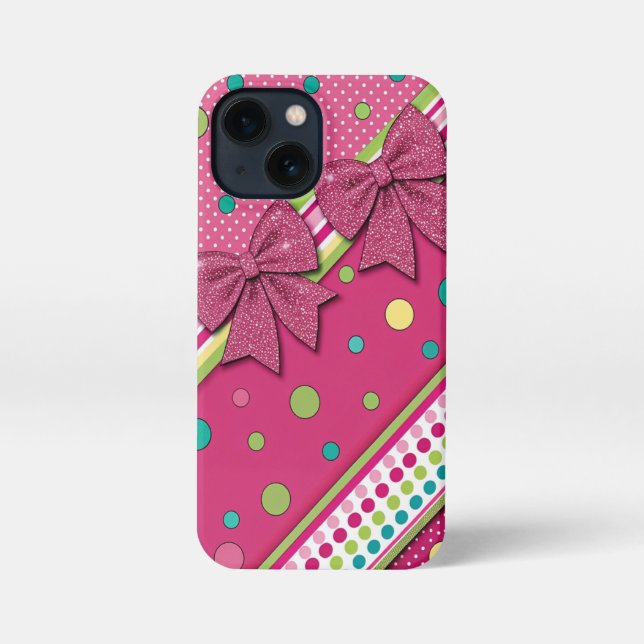 Vibrant Hot Pink Green Stripes Polka Dots Glitter  iPhone Hülle (Rückseite)