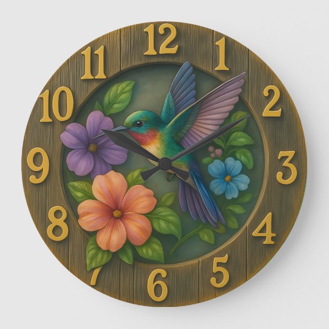 Vibrant hummingbird garden clock with floral detai große wanduhr (Vorderseite)