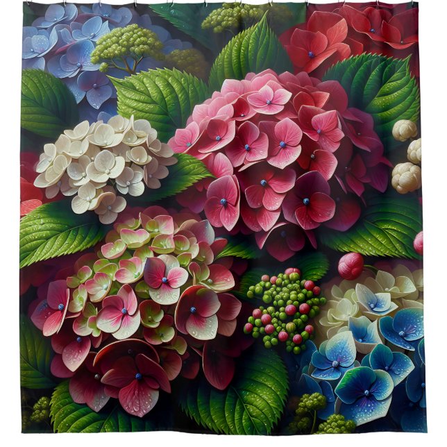 "Vibrant Hydrangeas with Dew" Duschvorhang (Vorderseite)