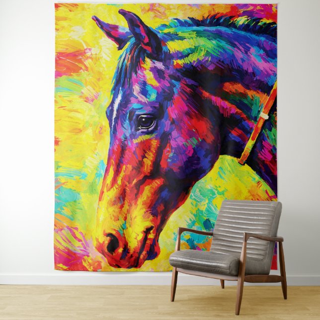 Vibrant Impasto Horse Portrait Colorful Wild Wandteppich (Beispiel)