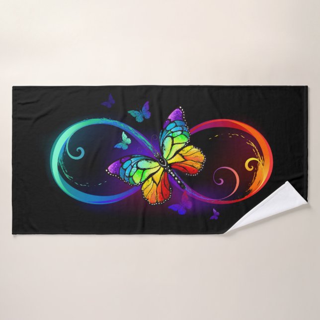 Vibrant infinity with rainbow butterfly on black badehandtuch (Badehandtuch)