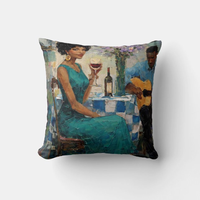Vibrant Jazz Woman Teal Bistro Art Kissen (Vorderseite)