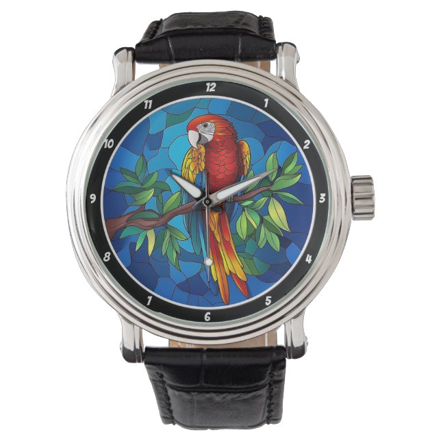 Vibrant Jungle Jewel" - Stained Glass Parrot Wall Armbanduhr (Vorderseite)