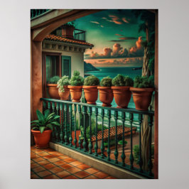 Vibrant Mediterranean Balcony Sea View Art Poster
