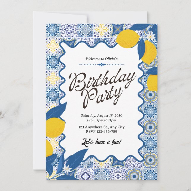 Vibrant Mediterranean Lemon & Blue Birthday Einladung (Vorderseite)