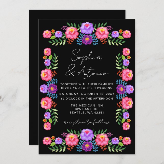 Vibrant Mexican Floral Fiesta Wedding Einladung (Vorne/Hinten)