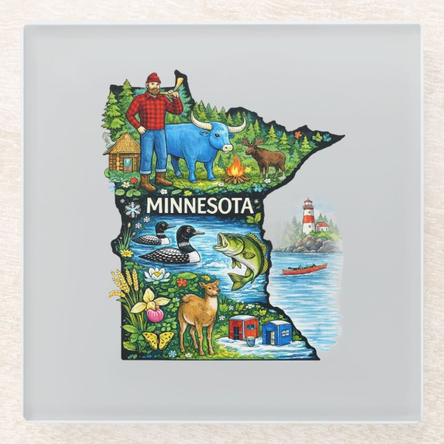 Vibrant Minnesota State Map-Paul Bunyan/Northwoods Glasuntersetzer (Vorderseite)